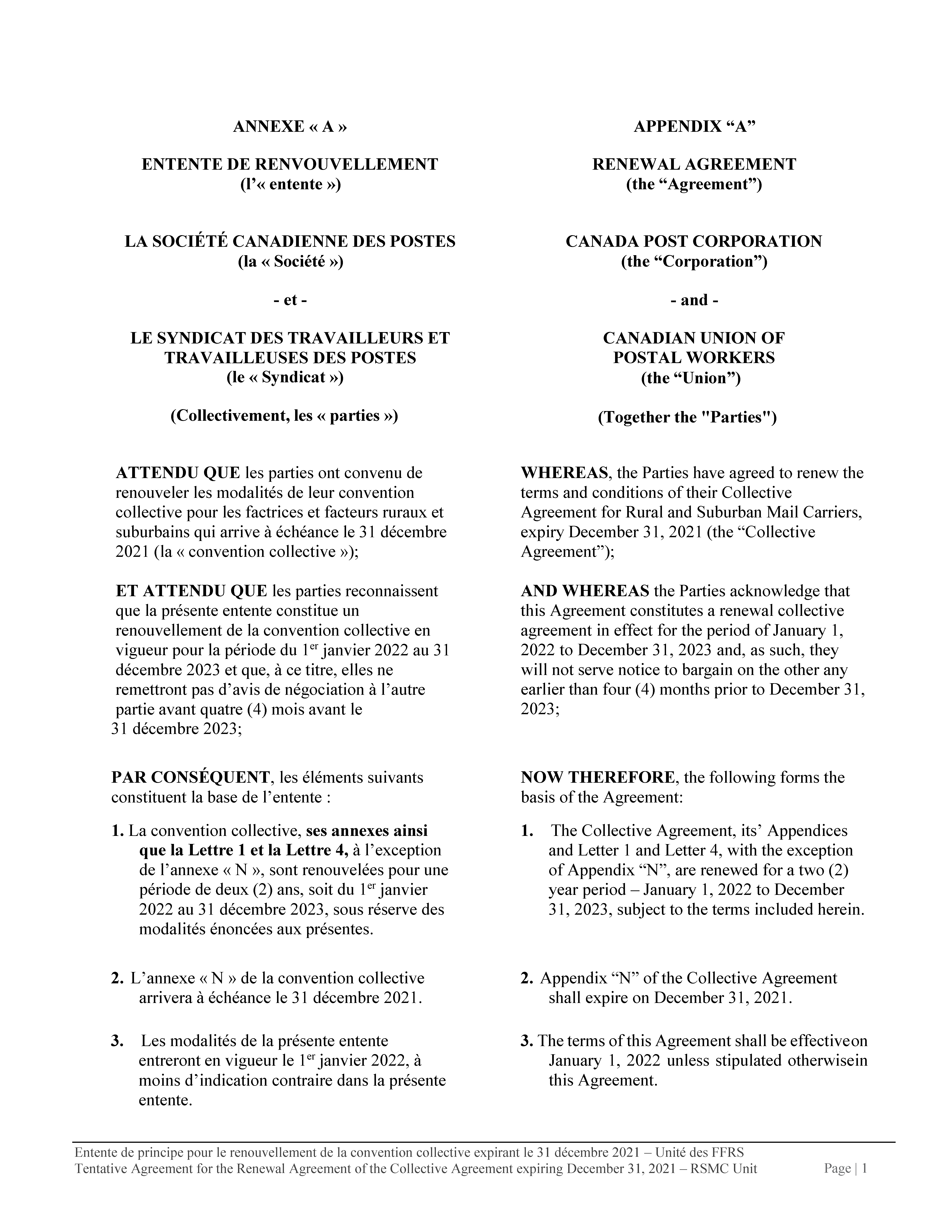 Memorandum of Agreement to Extend the Rural and Suburban Mail Carriers Collective Agreement (June 2021)