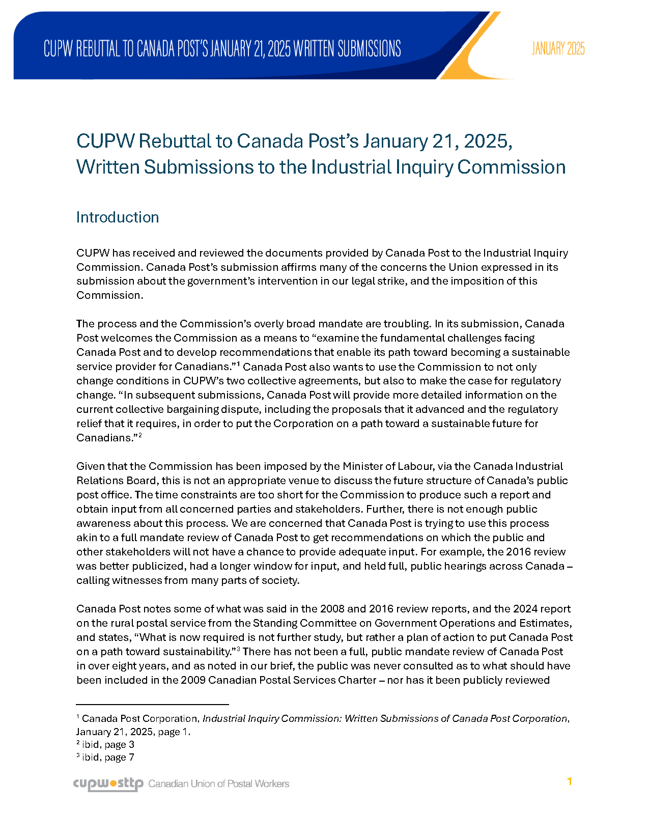 CUPW Rebuttal to Canada Post's January 21, 2025, Written Submissions to the Industrial Inquiry Commission