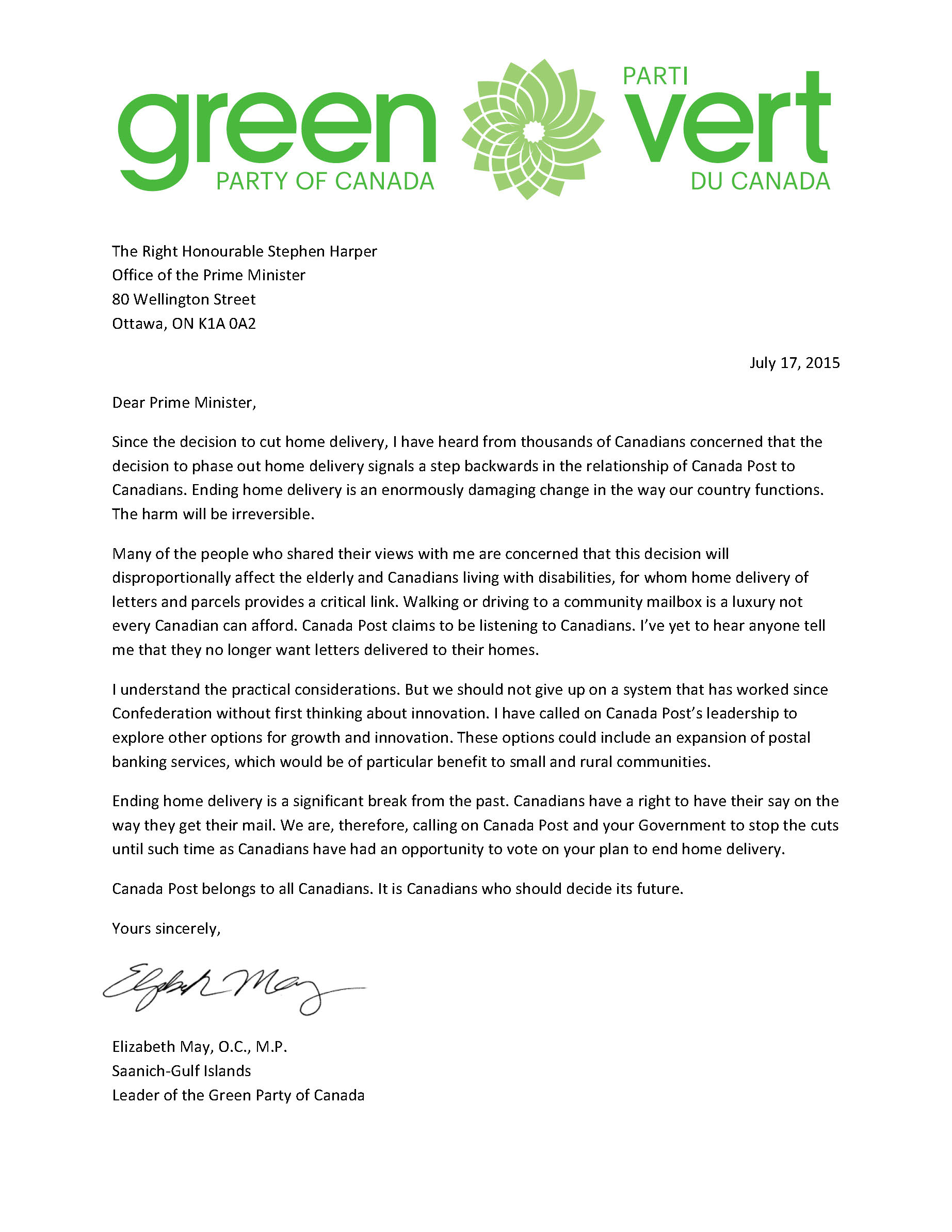 Green Party letter to Prime Minister