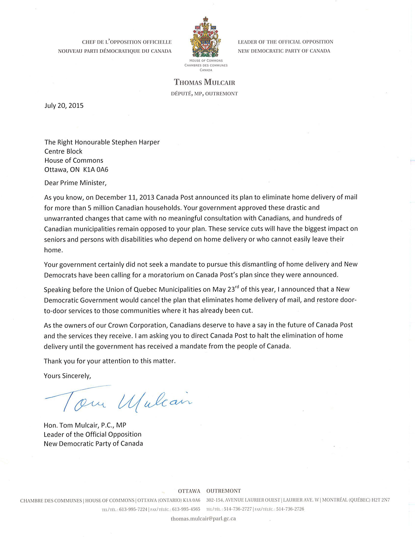 New Democratic Party letter to Prime Minister