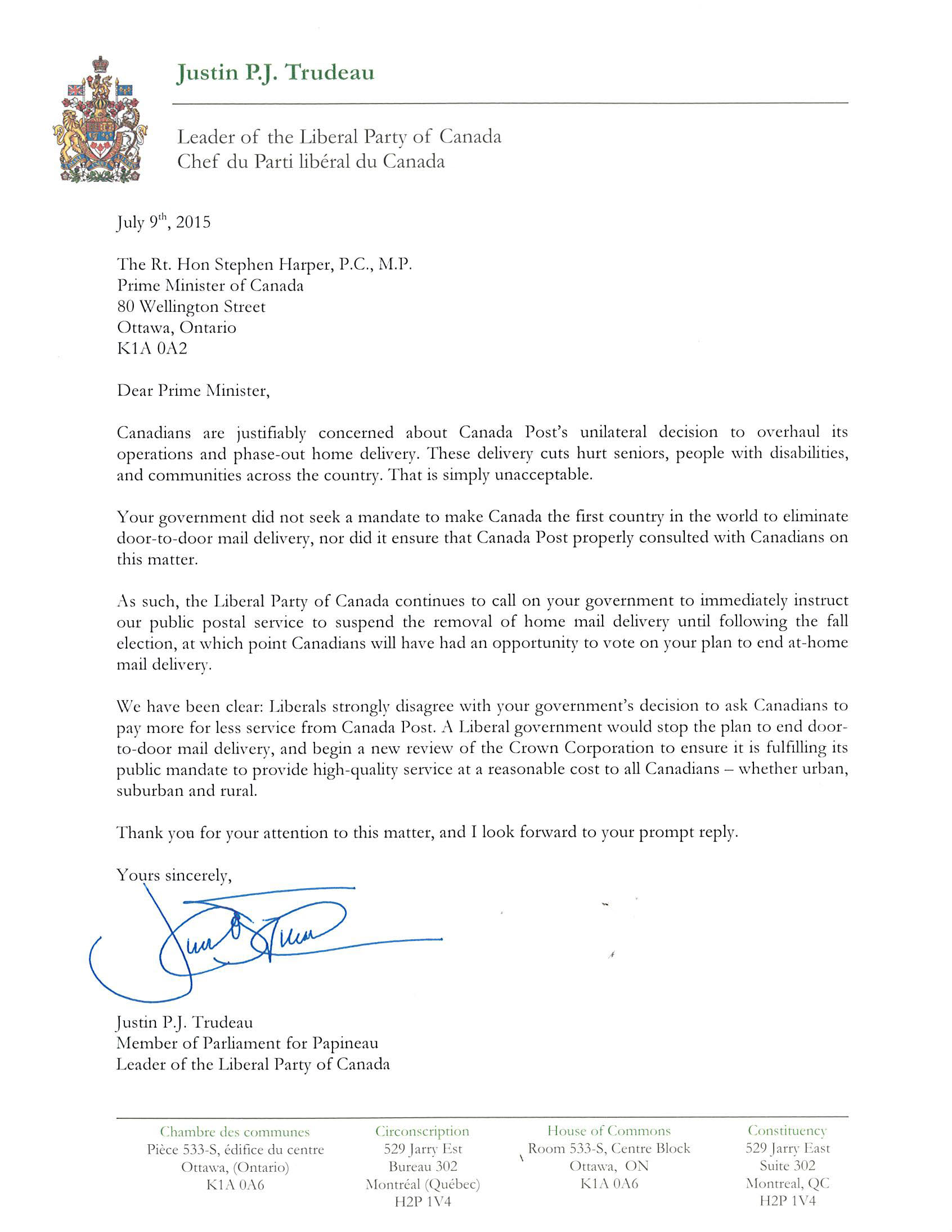 Liberal Party letter to Prime Minister