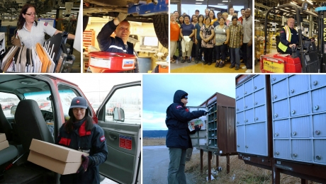 Montage-photo représentant des membres du STTP : factrice en milieu urbain, facteur en milieu rural, travailleuse et travailleur d'un établissement de traitement du courrier, travailleur des services techniques, travailleurs et travailleuses du secteur pr