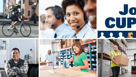 Image group: Bicycle courier, truck driver, call centre worker, warehouse workers